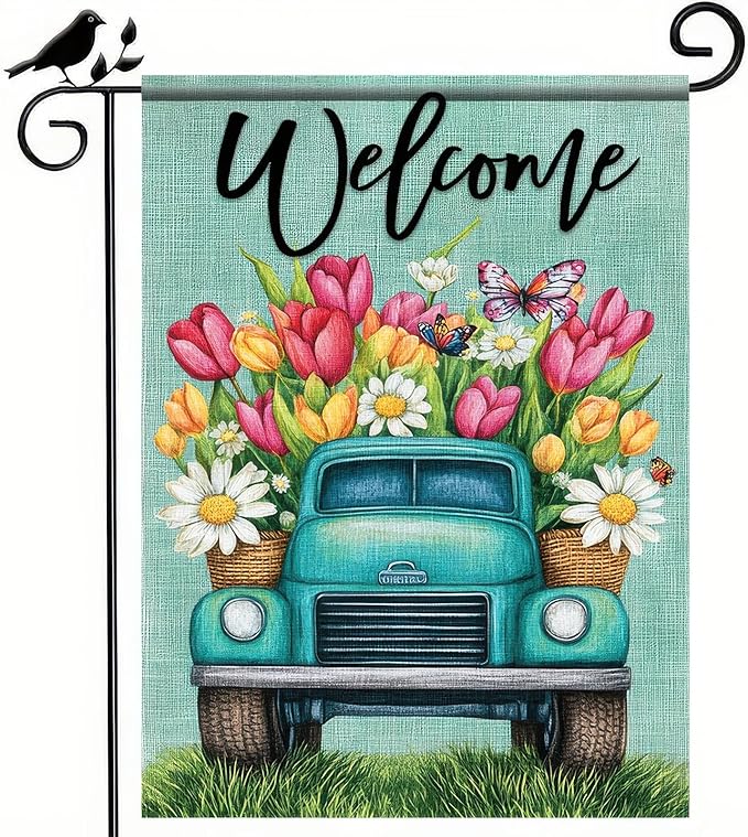 12×18 Inch Double Sided Garden Flag Spring Blue Truck Garden Flags Welcome Garden Flag Seasonal Outdoor Decorative Yard Outdoor Flag Farmhouse Spring Decor