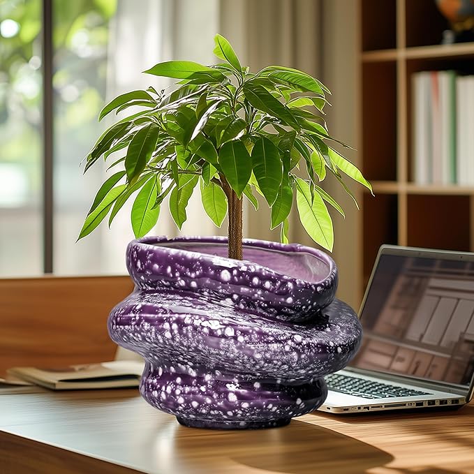 Teagas Ceramic Pots for Plants - 10.6 Inch Ceramic Plant Pots Indoor with Drainage Hole, Unique Planters for Indoor Outdoor Plants, Decorative Planter, Garden Room Decor, Housewarming Gifts, Purple