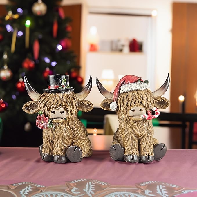 Holiday Scottish Highland Cows - Set of 2 | Resin Home Decor with Christmas Santa Hat Accents | Seasonal Xmas Decor for Centerpiece, Mantel, Kitchen, Dining Room, and More | 4 ½ inches tall