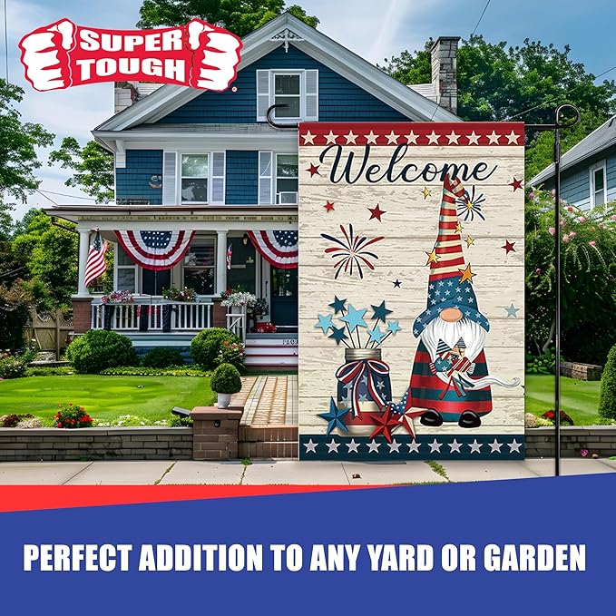 Super Tough Garden Flag - Firework Gnome 12in x 18in | Patriotic Design with Star Border & Welcome Message | Perfect for 4th of July | Durable Oxford Polyester | Festive Outdoor Flag