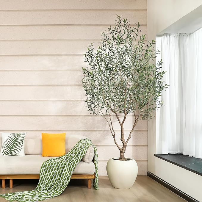 SOGUYI Olive Trees Artificial Indoor, 8 Feet Tall Faux Olive Tree with Round Artisan Planter, Premium Handmade, Realistic Trunk & Lifelike Leaves, Perfect for Large Spaces & Elegant Home/Office Decor