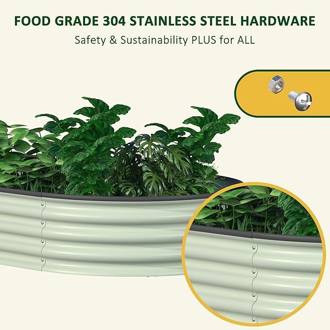 MUPATER 8x2x1 ft Raised Garden Bed Outdoor for Vegetables, 9-in-1 Galvanized Metal Planter Box, 11.1'' H Modular Garden Bed Kit Oval for Herbs and Flowers, Pearl White