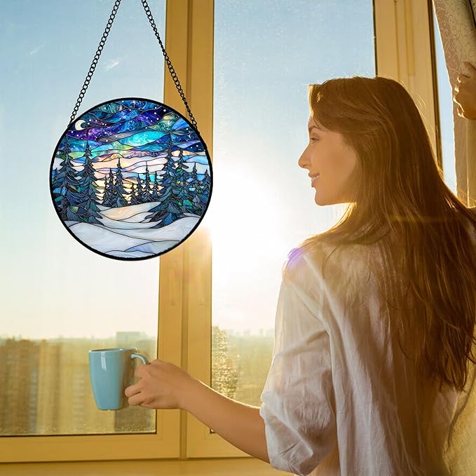 DASTOLL Stained Glass Window Hanging, Starry Sky Trees and Snow Sun Catchers Glass Panel Blue Suncatcher Decor for Birthday for Women, Men, Wife, Aunt, and Mom 11.8x11.8 in