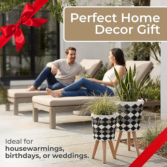 Sagebrook Home Set of 2 Geometric Planters on Stands - Resin & Wood Mid-Century Modern Plant Pots for Indoor/Outdoor Home & Garden Decor - 12" & 10", Black & White G