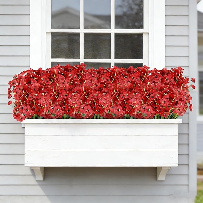 AmyHomie 20 Bundles Artificial Flowers for Outdoor UV Resistant Faux Flowers No Fade Fake Plastic Plants Garden Porch Window Box Decorating(Red)