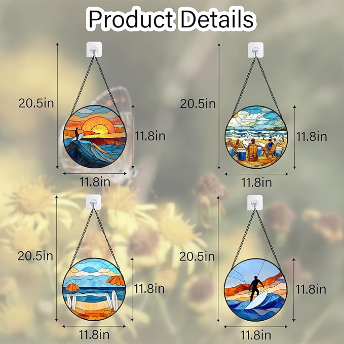 Stained Glass Window Hanging 4 Pcs Set Blue Ocean Surfing Beach Large 11.8" - Suncatcher Door Garden Sun Catcher Decor Birthday Mother's Day for Firefighte Men Woman Nana Mom