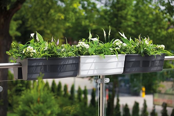 Ridge Rail Long Rectangular Flower Pot, Indoor/Outdoor Hanging Rail Planter Lightweight & Weatherproof Flower Box - Balcony Planters for Railing and Fence Patio, Deck 2 Pack (White)