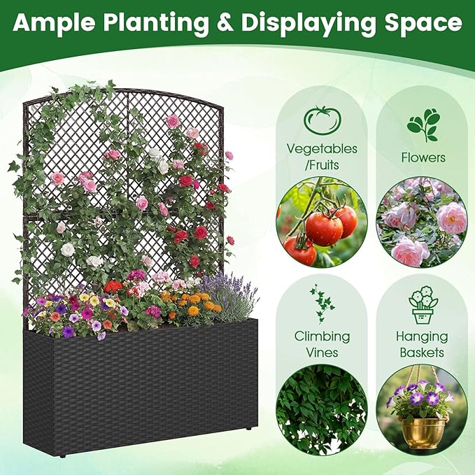 Happygrill Raised Garden Bed with Trellis, 58" Wicker Planter Box with Privacy Screen, Liner, Drainage for Patio Balcony, Outdoor PE Rattan Elevated Garden Bed for Climbing Plant Vine Flower (Black,1)