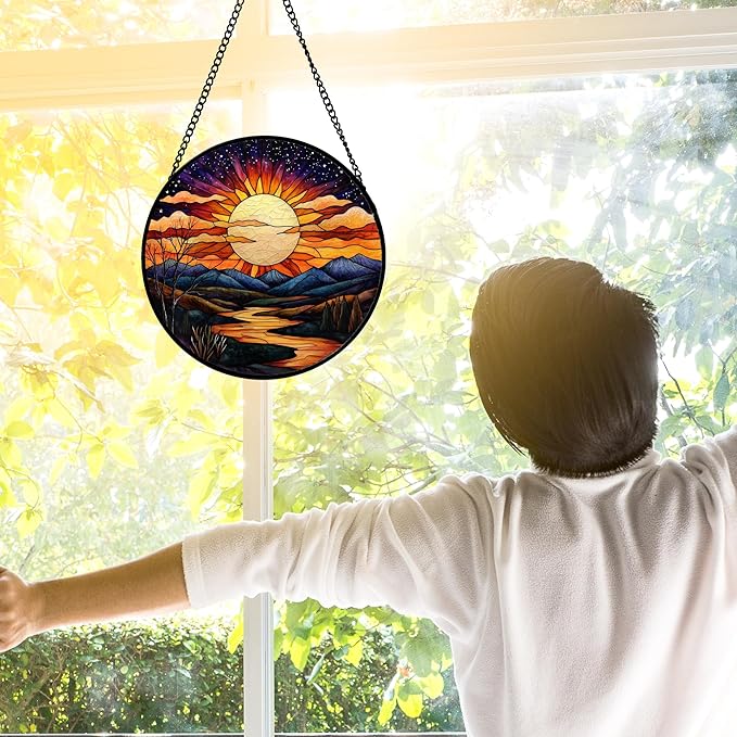 DASTOLL Stained Glass Window Hanging, The Sun Shines Brightly on Lake Sun Catchers Colorful Glass Panel Suncatcher Decor for Birthday for Women, Men, Wife, Lovers, and Mom 6.3 in
