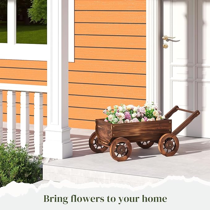 Wooden Wagon Garden Planter Cart with Wheels Rustic Flower Pot – Indoor Outdoor Patio Backyard Balcony Decor for Succulents, Flowers and Plants（Carbonized-L