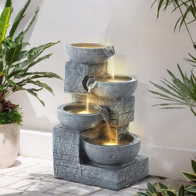 MAGIC UNION Outdoor Water Fountain, 4 Tiers Cascading Bowls Waterfall Indoor Fountain Garden Decor w/LED Lights, Outside Patio Resin Stacked Stones Fountains for Yard, Deck and Porch (Light Gray)