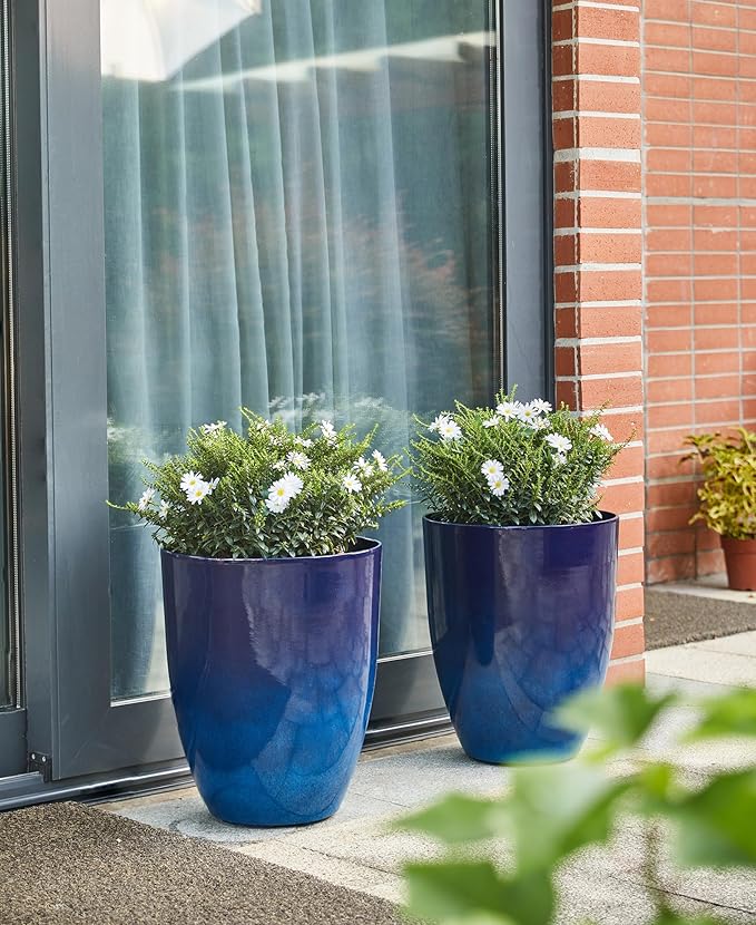 Glitzhome 16.75" H Garden Tall Planter Pots,Set of 2 Morden Round Faux Ceramic Tall Planter with Drainage Holes,Large Flower Pots for Outdoor Indoor,Cobalt Blue