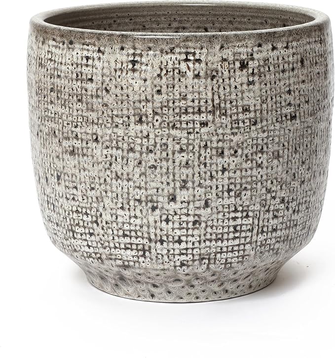 LuxenHome 15.5" Dia Round Ceramic Large Plant Pot for Outdoor Plants, Gray Grid-Pattern Glazed Ceramic Outdoor Planter Pot with Drainage Hole and Rubber Plug, Indoor Flower Pots for Home Garden Patio