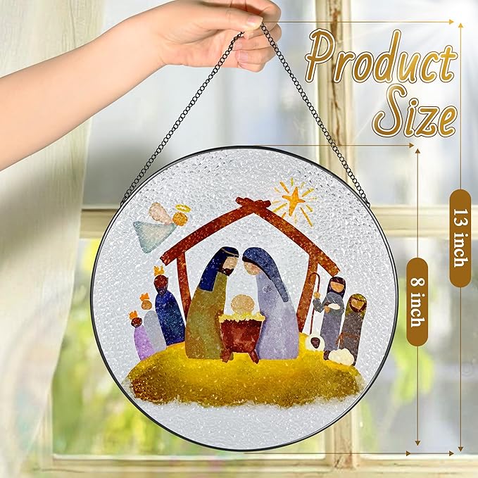 8'' Stained Glass Window Hanging, Nativity Scene Ornament, Christian Ornament, Holy Family Decoration, Religious Holiday Decor, Gift for Christmas, Religious Gifts, Christian Gifts