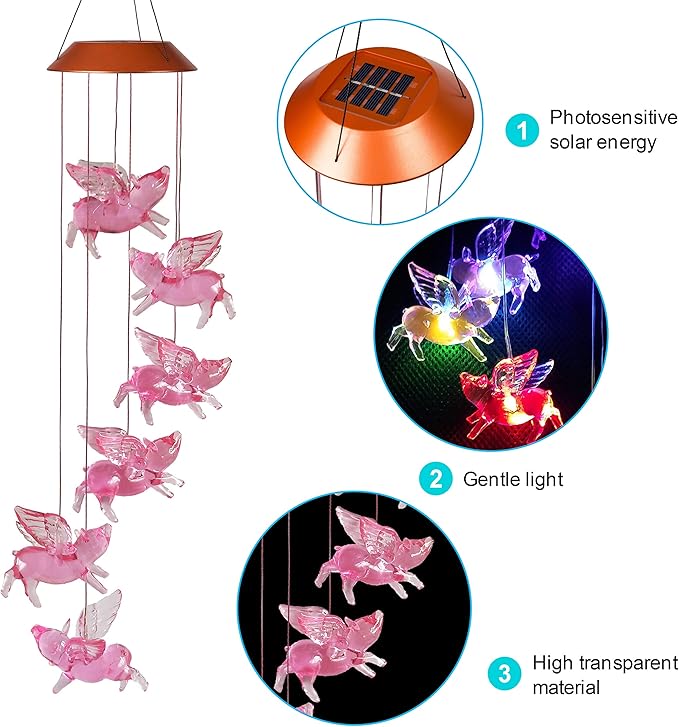 xxschy LED Solar Fly Pigs Wind Chimes Outdoor - Waterproof Solar Powered LED Changing Light Color 6 Flying Pigs Mobile Romantic Wind-Bell for Home, Party, Festival Decor, Night Garden Decoration
