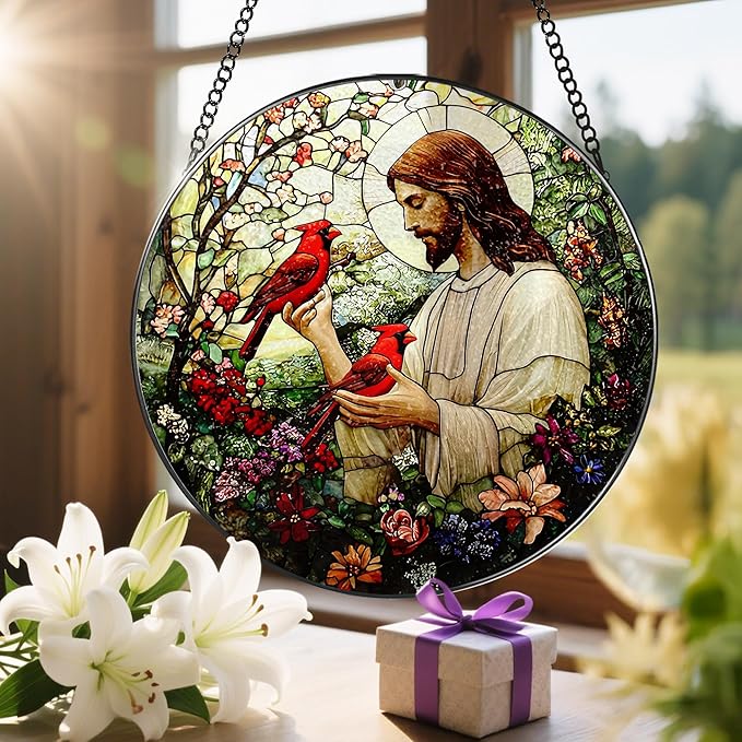 8-Inch Jesus with Cardinals Suncatcher Ornament, Stained Glass Window Hanging & Religious Christmas Ornament, Christian Window Decor — Memorial Gift, Christian Gifts for Her, Religious Gifts