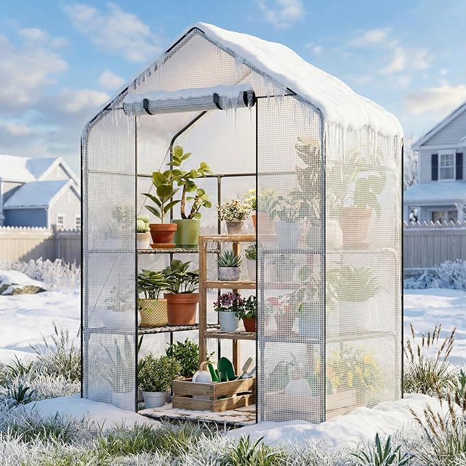 Superlele Walk-in Greenhouse for Outdoor, 56x29x77 Inch Portable Garden Green House with 6 Tiers (3 Tiers Each Side), Reinforced White PE Mesh Cover, 4 Ground Stakes for Stability, Zippered Door