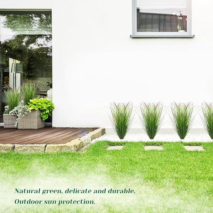 LUZOGA 36Pcs Artificial Grass Plants, Faux Shrubs Wheat Grass, Fake Tall Grass Plants for Outdoor Decor, Greenery Stems Weed for Room Indoor Home Decor（Green Red Tail