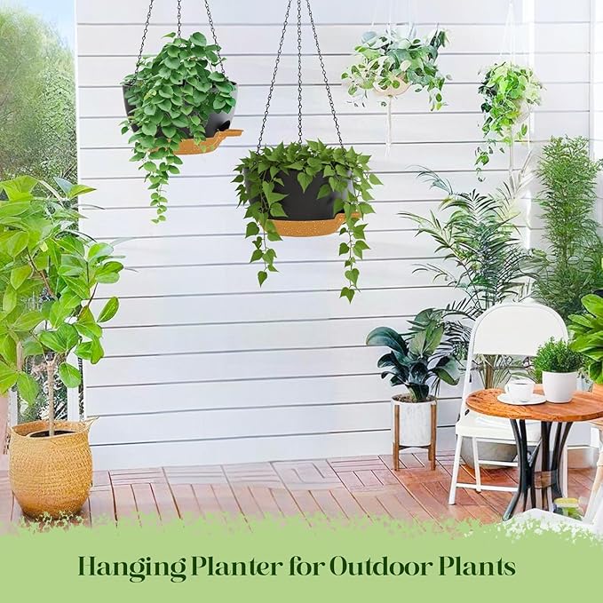 zople 10 Inch Hanging Planters with Chains 2 Pack Self Watering Black Brown Plastic Hanging Pots for Indoor Outdoor Plants, Garden Porch Home Decor (Black Brown)