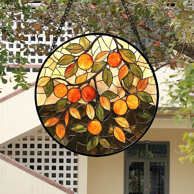 AMDERVEN Stained Glass Suncatcher, Orange Green Fruit Tree Sun Catcher Landscape Stain Glass Window Hanging Decoration Mother's Day Birthday Gifts for Women Men Mom Nana 15 in