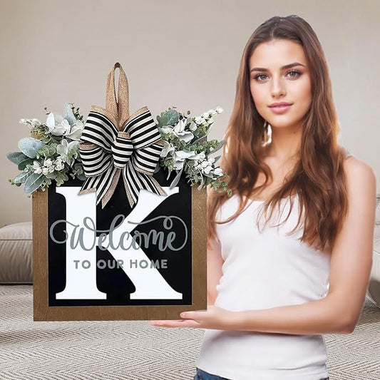 Ultra Large 14'' Last Name All Year Round Front Door Wreath with 26 Initial Letter Welcome Sign All Seasons Eucalyptus Garland and Bow Wreaths for Front Door Porch Farmhouse Decoration (K)