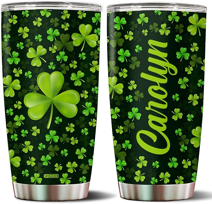 WONWIX Personalized Green Irish Shamrocks Tumbler For Women with Lid Insulated 20 oz Stainless Steel Water Bottle Coffee Cup Travel Mug Gift For Mom Daughter Wife Girls