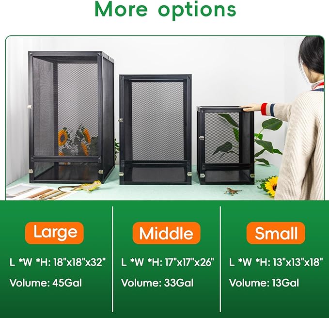 BINANO 13 Gal Detachable and Foldable Reptile Butterfly Cage Terrarium, 360° Observation, Airflow, Interaction in Gecko Tank for Crested Geckos, Leopard Geckos, Chameleons, Bearded Dragons