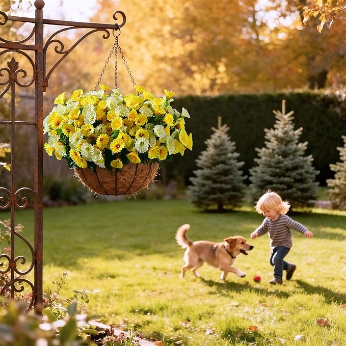 Artificial Morning Glory Flowers Plants for Outdoor 8 Pcs Faux Silk Petunias Flower Realistic Faux Flowers Plants for Outside Planter Porch Yard Patio Balcony Home Indoor Decor (8 Pcs Yellow+White)
