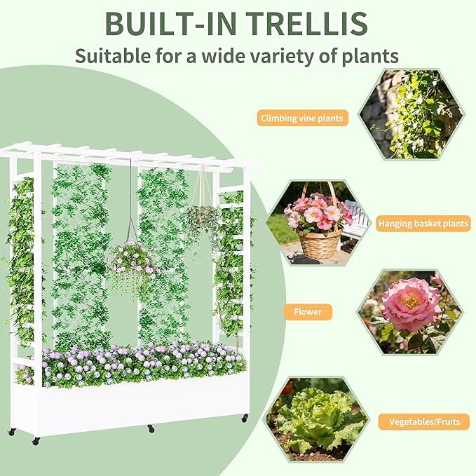 Raised Garden Bed with Trellis & Hanging Roof, Weatherproof Metal Planter Box with Wheels, Garden Arch Trellis for Outdoor Climbing Plants Vines Flowers, 74" H x 77" L x 17" W, White