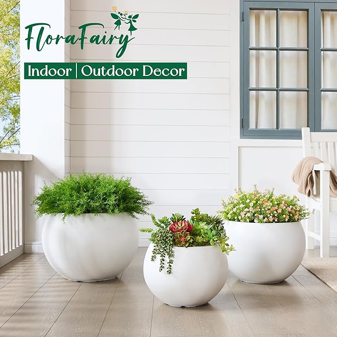 FloraFairy Fiberstone Sphere Planter, 15.8" Dia Round Flower Pot with Drainage Hole and Removable Plug, Plant Pot for Indoor Outdoor Use, 11.8" Opening-10.9" H Medium, White