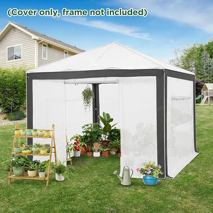 EAGLE PEAK Replacement Cover for 10x10 Pop up Greenhouse with Polyester Reinforced Corners, Front and Rear Roll-Up Zipper Entry Doors and 2 Large Roll-Up Side Windows (Frame Not Included), Gray/White