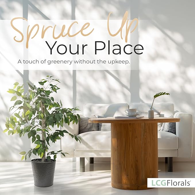 LCG Florals 4ft Ficus Tree in Black Metal Pot with Real-Wood Trunk - Indoor and Outdoor Faux Plants for Patio, Living Rooms, Offices & Outdoor Spaces