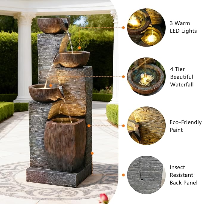 38.2" Tall Outdoor Water Fountain,Stone Texture Modern 4 Tiers Cascading Bowls Garden Fountains Outdoor,Suit for Patio, Deck, Porch, Lawns, Backyard and Home Art Decor