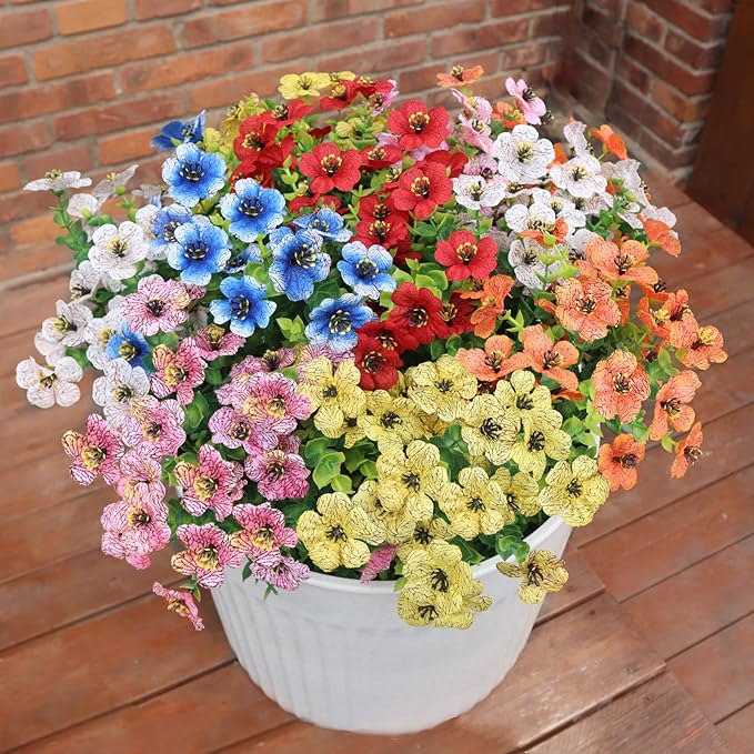 BCBLF Artificial Flowers for Outdoors, 12 Bundles Faux Outdoor Plants, Faux Fake Plants for Porch Patio Yard Planters, Outdoor Faux Flowers, White+Pink+Yellow+Orange+Blue+Red