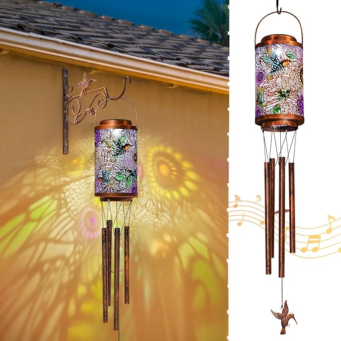 Hummingbird Solar Wind Chimes for Outside, Solar Lanterns Gifts Outdoor Waterproof Garden Lights for Balcony, Porch, Backyard, Birthday Gifts for Mom Grandma Wife (1Pack)