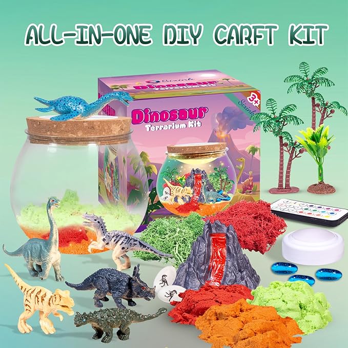 Dinosaur Toys for Boys，Light Up Dinosaur Terrarium kit,DIY Dino Toys,Arts and Crafts Kit for Kid,Christmas Birthday Gifts Ages 4-12 Year Old