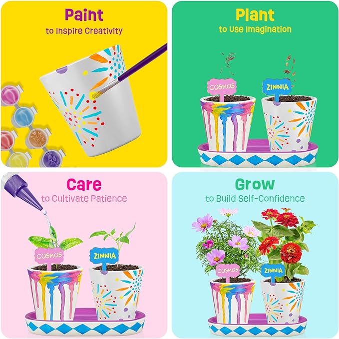 Tekoly 4 Set Paint & Plant Flower Gardening Kit - Gifts for Girls Ages 8-12, Arts and Crafts for Kids Ages 8-12, Kids Gardening Set, Toys Birthday for Girls Boys Ages 6 7 8 9 10 11 12