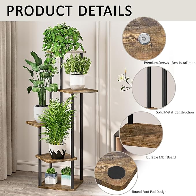 YOCOMEY 5 Tier Wood Tall Plant Stand Metal Rack Indoor, Multiple Flower Pot Holder Shelves Corner Rack, Planter Shelf Display Rack Storage Organizer for Patio Living Room Balcony Garden(Black)