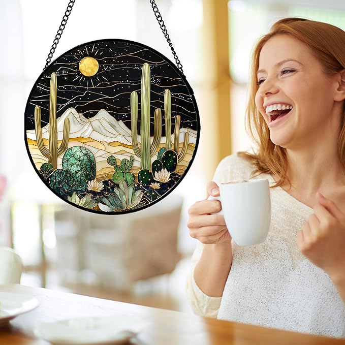 DASTOLL Stained Glass Window Hanging, Black and White Golden Cactus Nature Suncatcher for Doors Window Home Starry Sky Sun Catchers Decor Mother's Day Birthday Gifts for Women, Men Mom 9.8 in