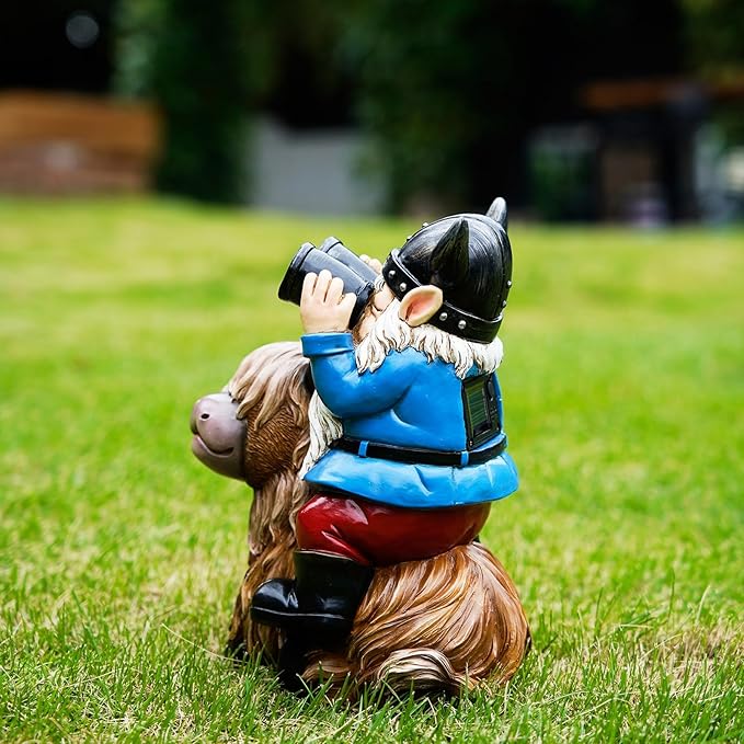 Tolimi Garden Gnome Sitting on Highland Cow Outdoor Statue wiht Solar LED Light Funny Decoration for Yard and Patio Gifts for Mom Christmas Decorations