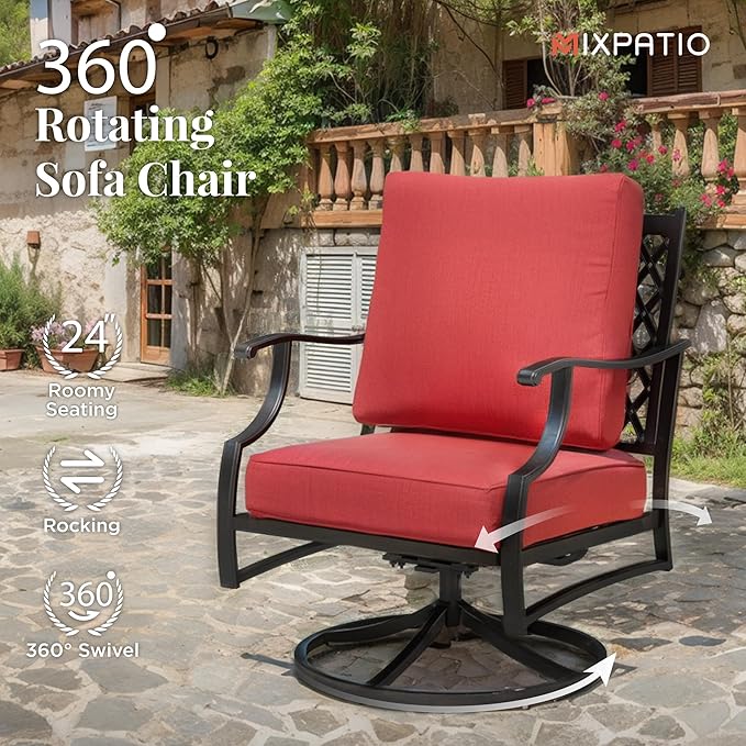 Swivel Patio Chairs Set of 2, High Back Outdoor Swivel Patio Metal Chairs with 5.75" Thick Cushions for Bistro Balcony Porch Deck and Yard, Red