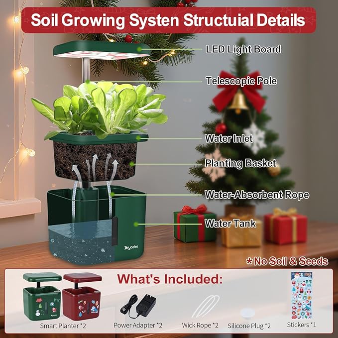 DRYADES Christmas 2-Pack Indoor Planting System Smart Soil Growing Kit with 17-W LED Grow Light Automatic Timed Watering Planters Gift for Friends/Women (No Seeds&Soil)