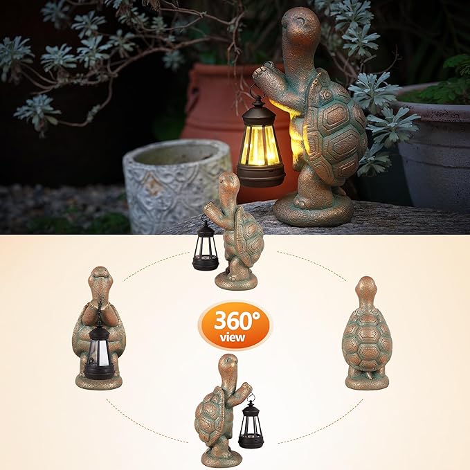 Roundot Turtle Solar Powered Outdoor Garden Statue, Resin Statue with Solar Light Lantern, Decorative Lawn, Yard Outdoor Turtle Decoration. Unique Home Decoration, Gifts for Women