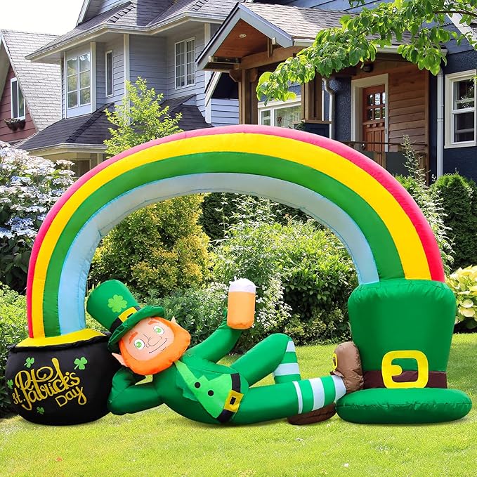 St. Patricks Day Inflatable Decorations 7FT Lying Leprechaun Rainbow Arch with Gold Coin Pot Built-in Bright LED Lights Outdoor Lucky Day Holiday Lawn Yard Garden Patio Décor