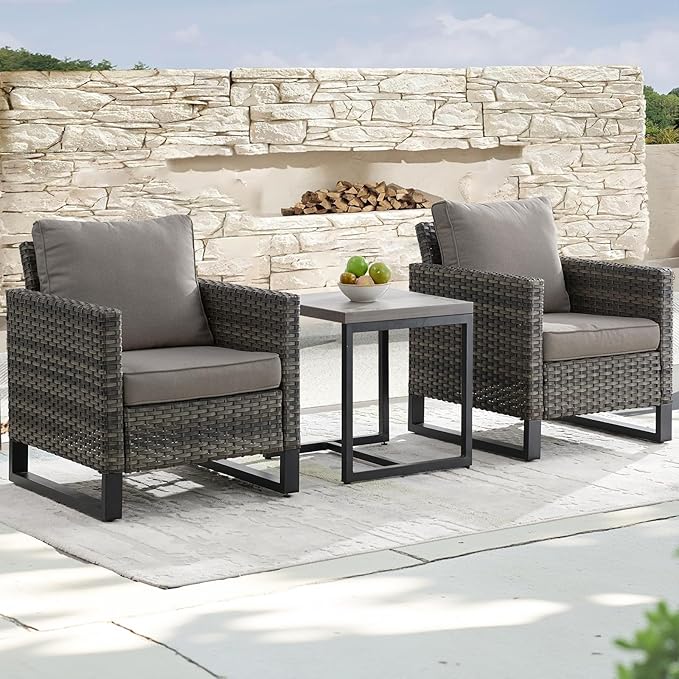 Rilyson Wicker Outdoor Patio Chairs Set - 3 Piece Rattan Patio Furniture Bistro Chairs Set with Waterproof Wicker,Comfortable Cushions and Sturdy Metal Frame for Porch Deck Backyard(Mixed Grey/Grey)