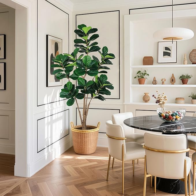 Artificial Fiddle Leaf Fig Tree with White Planter and Black Pebble, 6 FT Faux Ficus Lyrata with Thick Trunk and Emerald Leaves, Fake Ficus Tree for Hotel, Shop, Modern Home Indoor Decoration