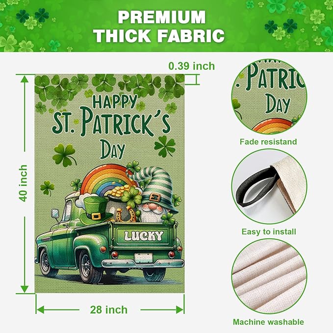 Happy St Patricks Day House Flag 28x40 Inch Double Sided Lucky Clovers Shamrocks Gnome Rainbow Truck Outside Large Holiday Flag for Yard Outdoor Decoration