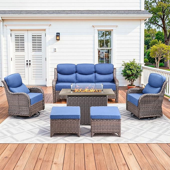Luxury Patio Furniture Set with 42.5" Fire Pit Table, 6 Pieces High Back All Weather Wicker Outdoor Furniture w/ 6-Inch Thick Cushions, Patio Swivel Chairs Couch for Deck Balcony Backyard Brown/Blue