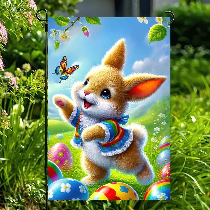 Happy Easter Bunny Garden Flag 12x18 Inch Double Sided Colorful Egg Spring Design Small Outdoor Yard Flag Cute Rabbit Welcome Banner for Porch Lawn Patio Spring Easter Decor