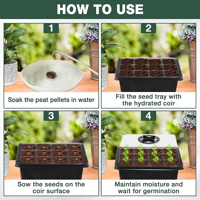 ZeeDix Seed Starter Kit, 2 Pack Seed Starter Trays with 30 PCS Coco Pellets, Base Tray for Indoor Planting, Mini Greenhouse Germination System for Herbs Vegetables Gardening Supplies(24 Cells)